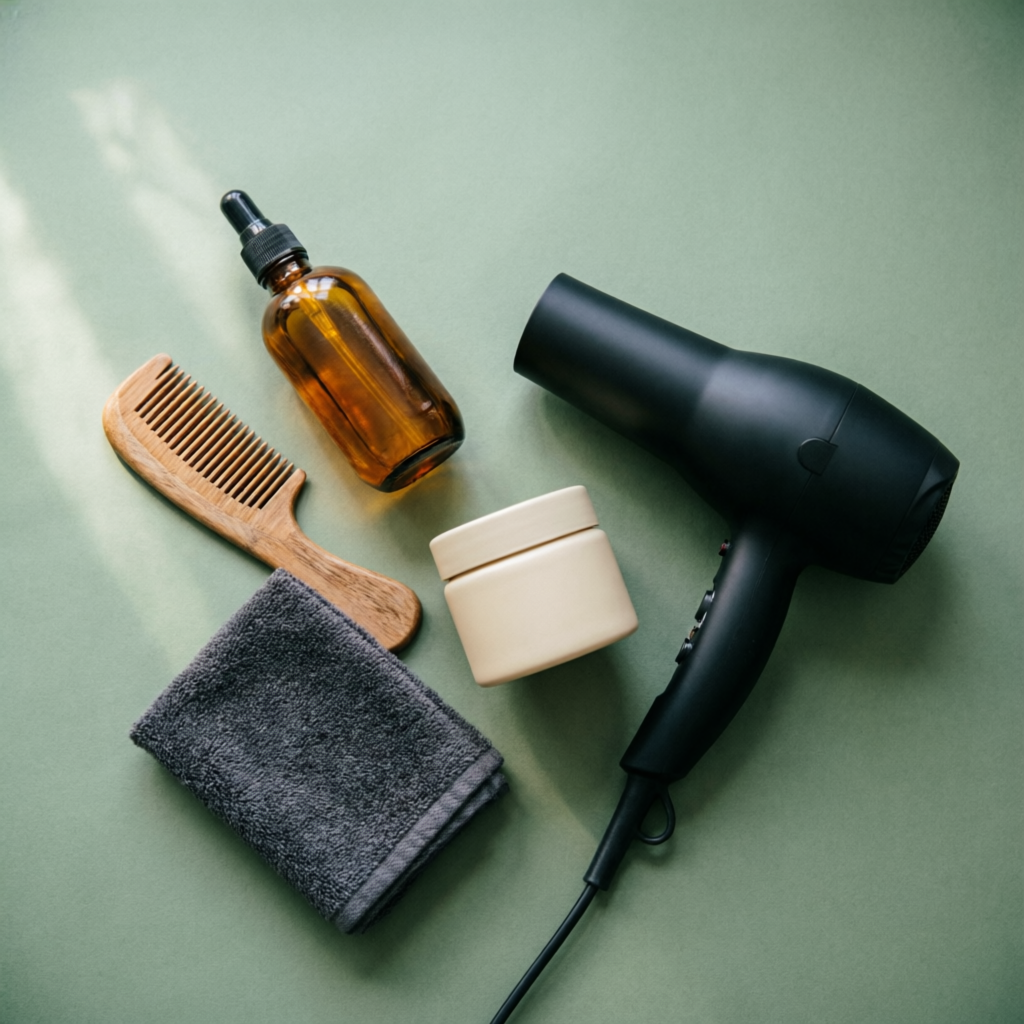 ヘアケア用品のフラットレイ。オイル、コーム、タオル、クリーム、ドライヤー