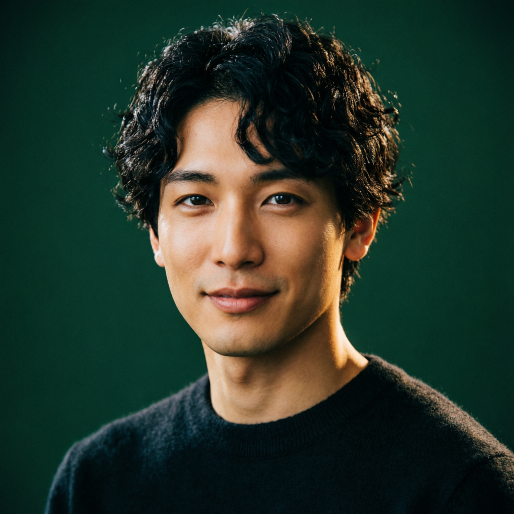 天然パーマのくせを活かしたショートヘアの日本人男性のポートレート