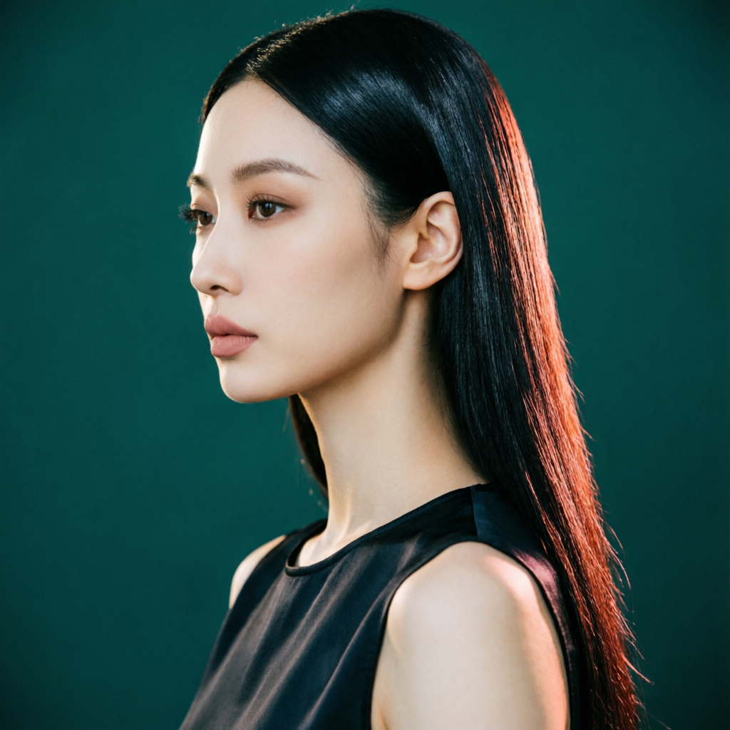 艶やかなストレートの黒髪を持つ女性の横顔。天然パーマ解消後の理想の仕上がりイメージ